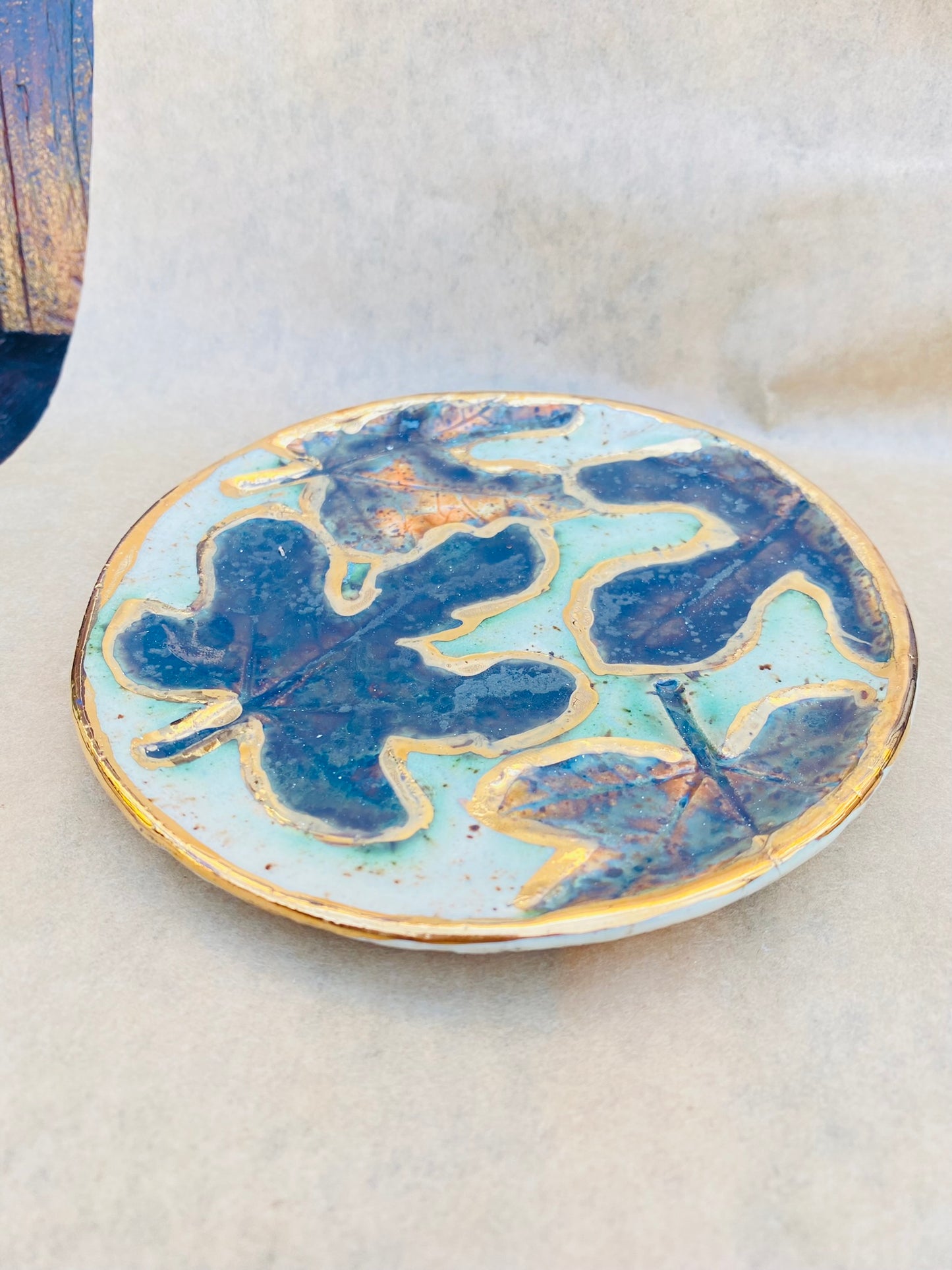 22k Gold Fall Fig Leaves Pottery Wheel Thrown Dish