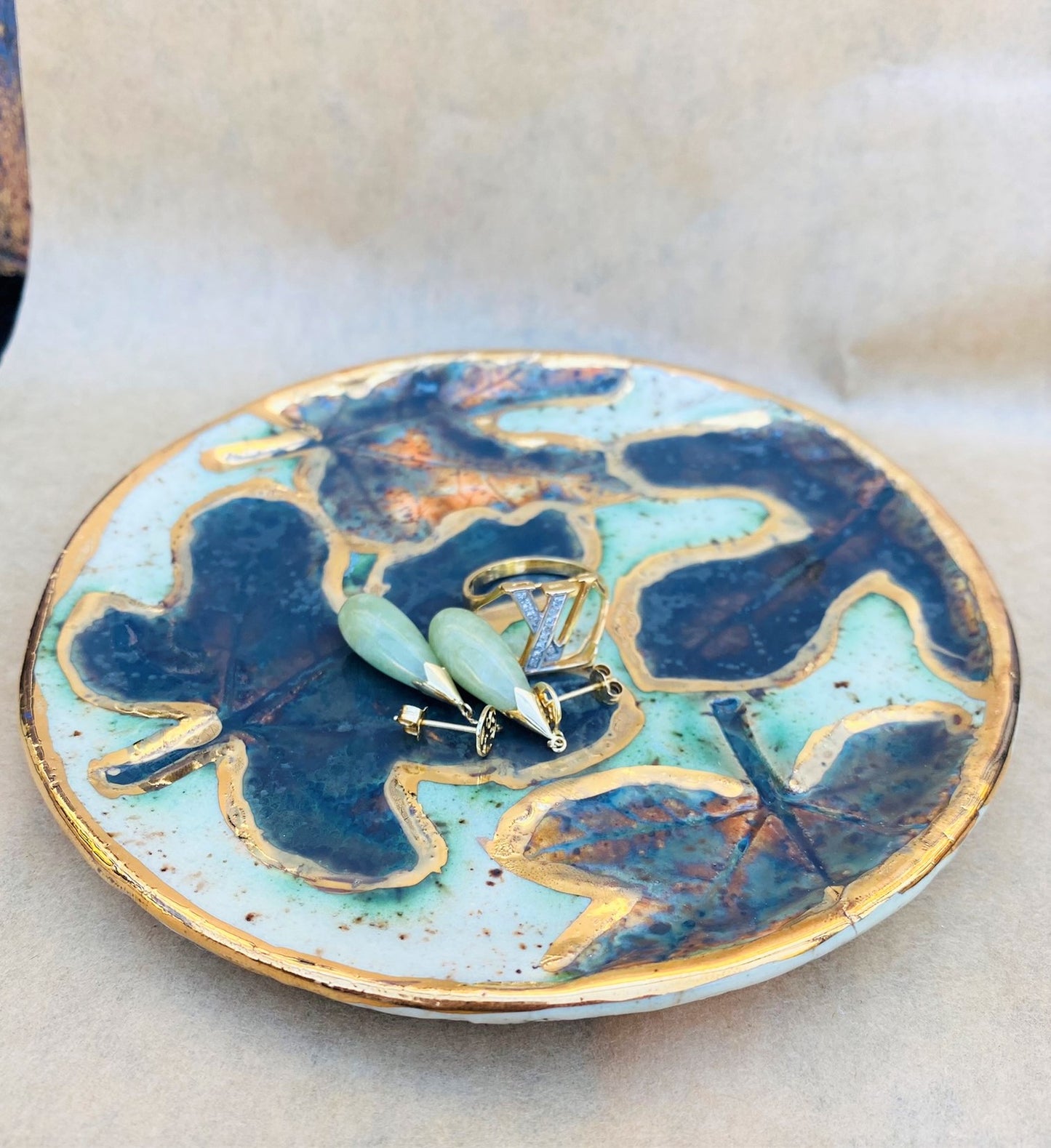 22k Gold Fall Fig Leaves Pottery Wheel Thrown Dish