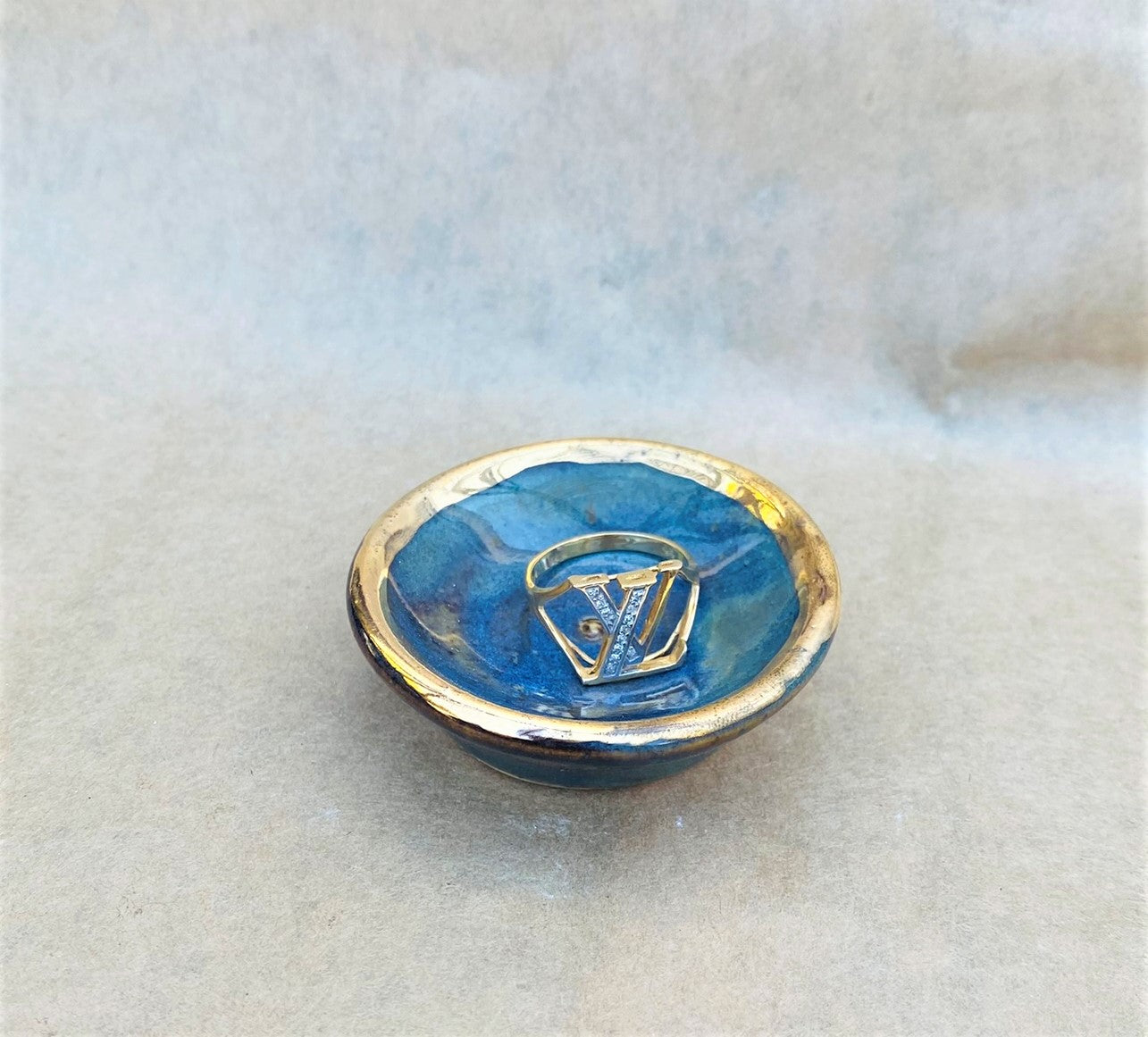 Blue Green n Gold Miniature Pottery Bowl
