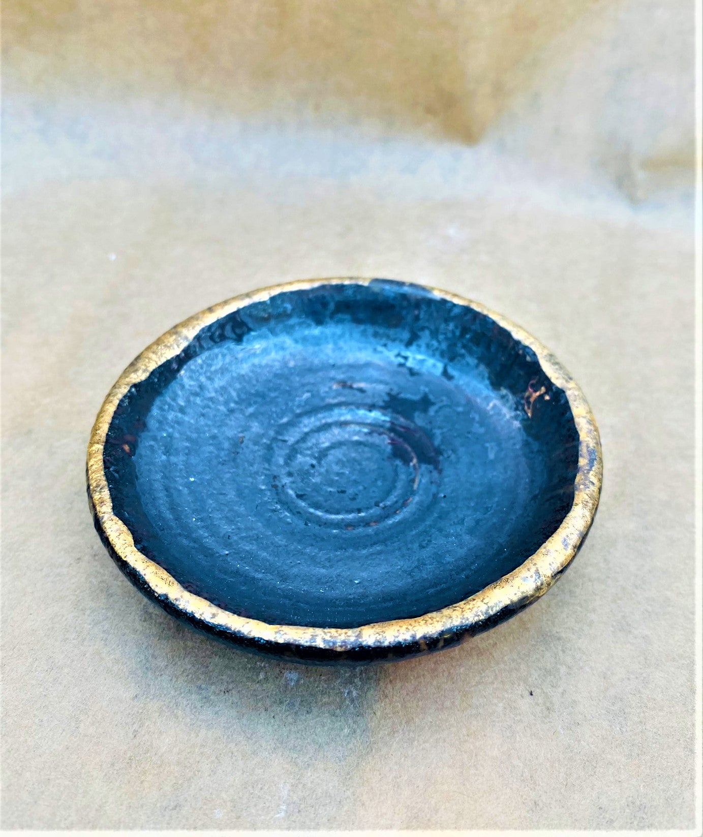 Dark Blue Grey Metallic Matte Miniature Bowl w/ Old Gold Rim