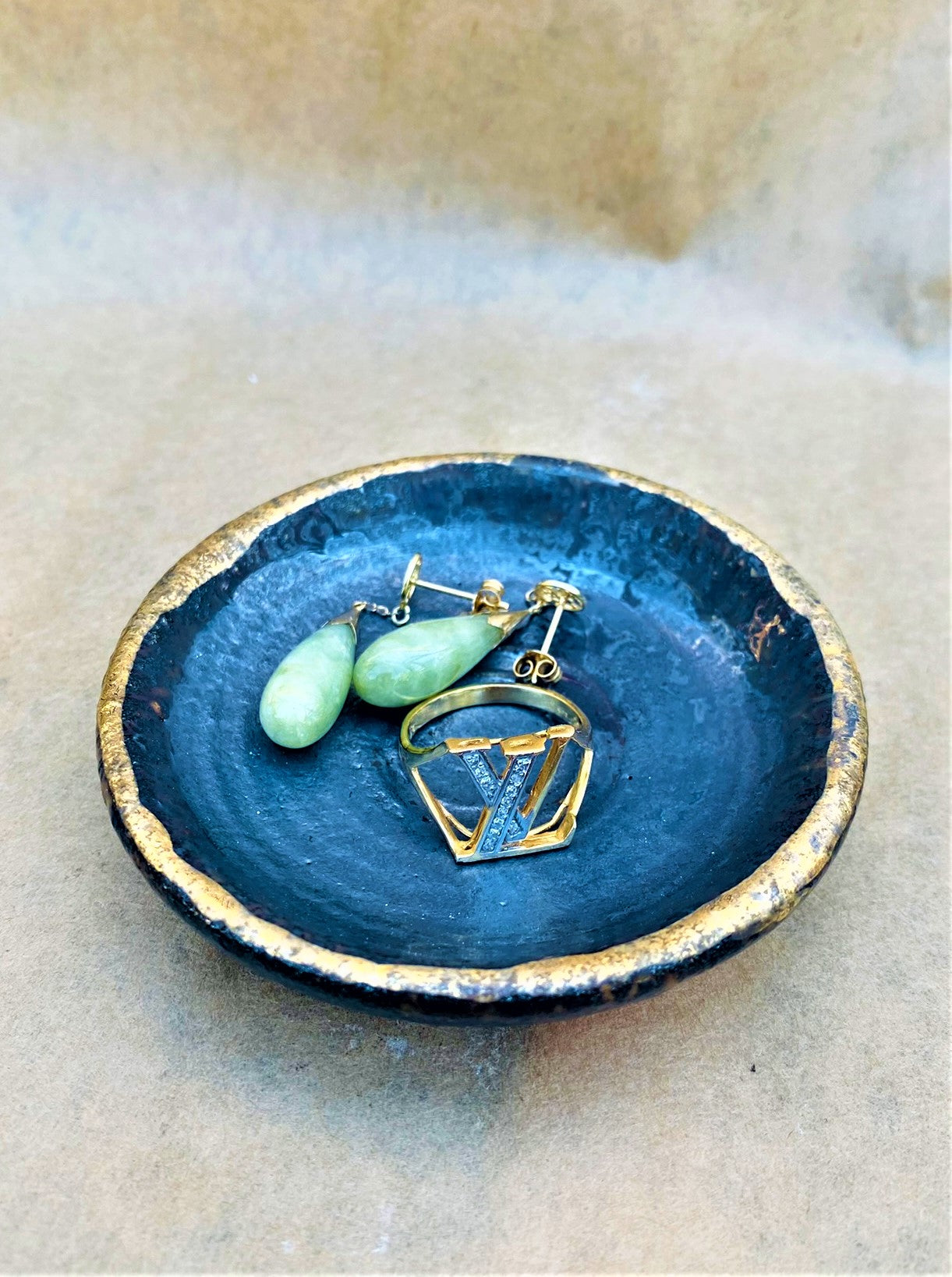 Dark Blue Grey Metallic Matte Miniature Bowl w/ Old Gold Rim