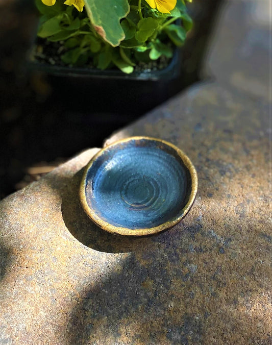 Dark Blue Grey Metallic Matte Miniature Bowl w/ Old Gold Rim
