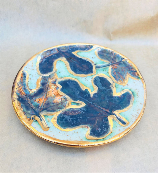 22k Gold Fall Fig Leaves Pottery Wheel Thrown Dish